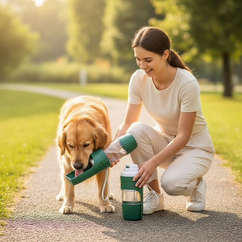 Green 2-in-1 pet travel bottle lifestyle