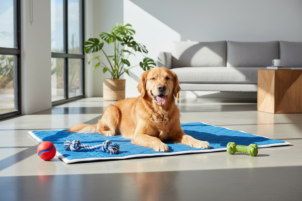 Golden retriever relaxing on a premium pet cooling mat with toys in a bright modern living room
