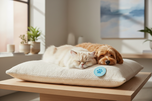 Cat and dog relaxing calmly together with a visible pheromone calming patch on their bedding