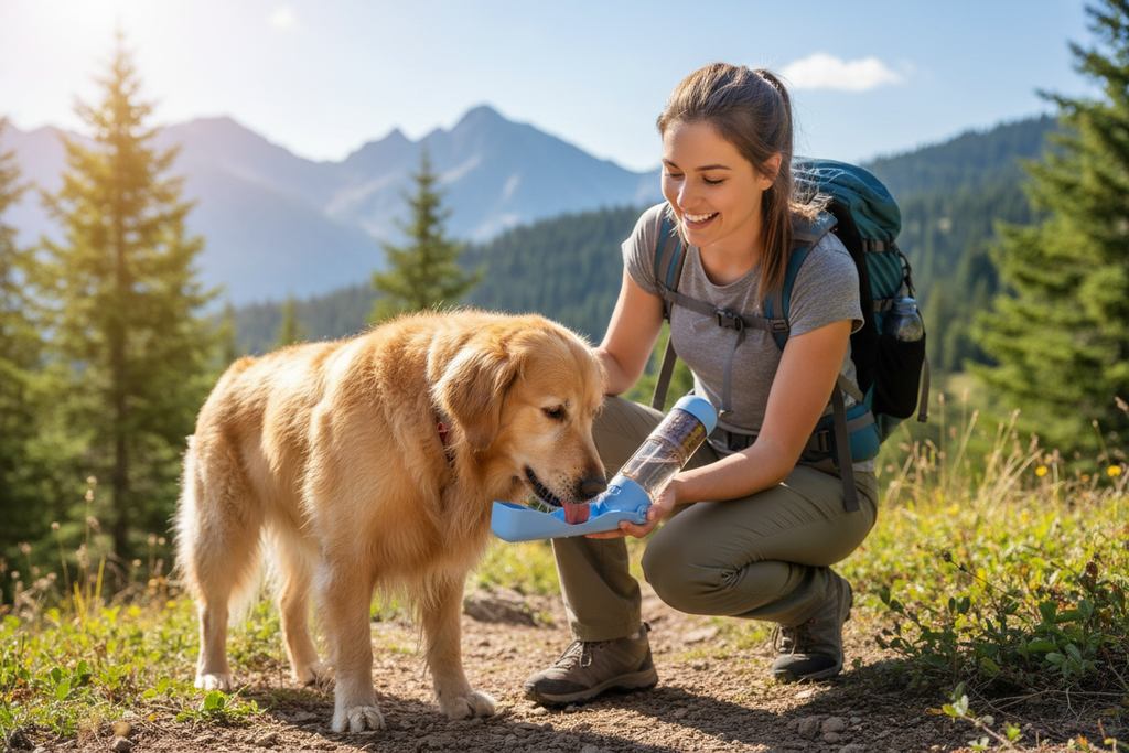 Golden retriever drinking water from blue portable pet travel bottle held by owner on a sunny hiking trail