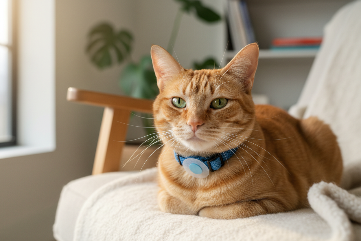 Calm cat wearing a collar with a pheromone calming patch attached