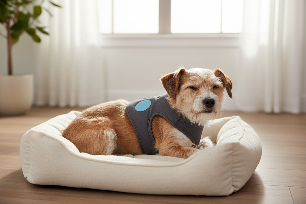 Relaxed dog wearing a wide harness with a pheromone calming patch on top