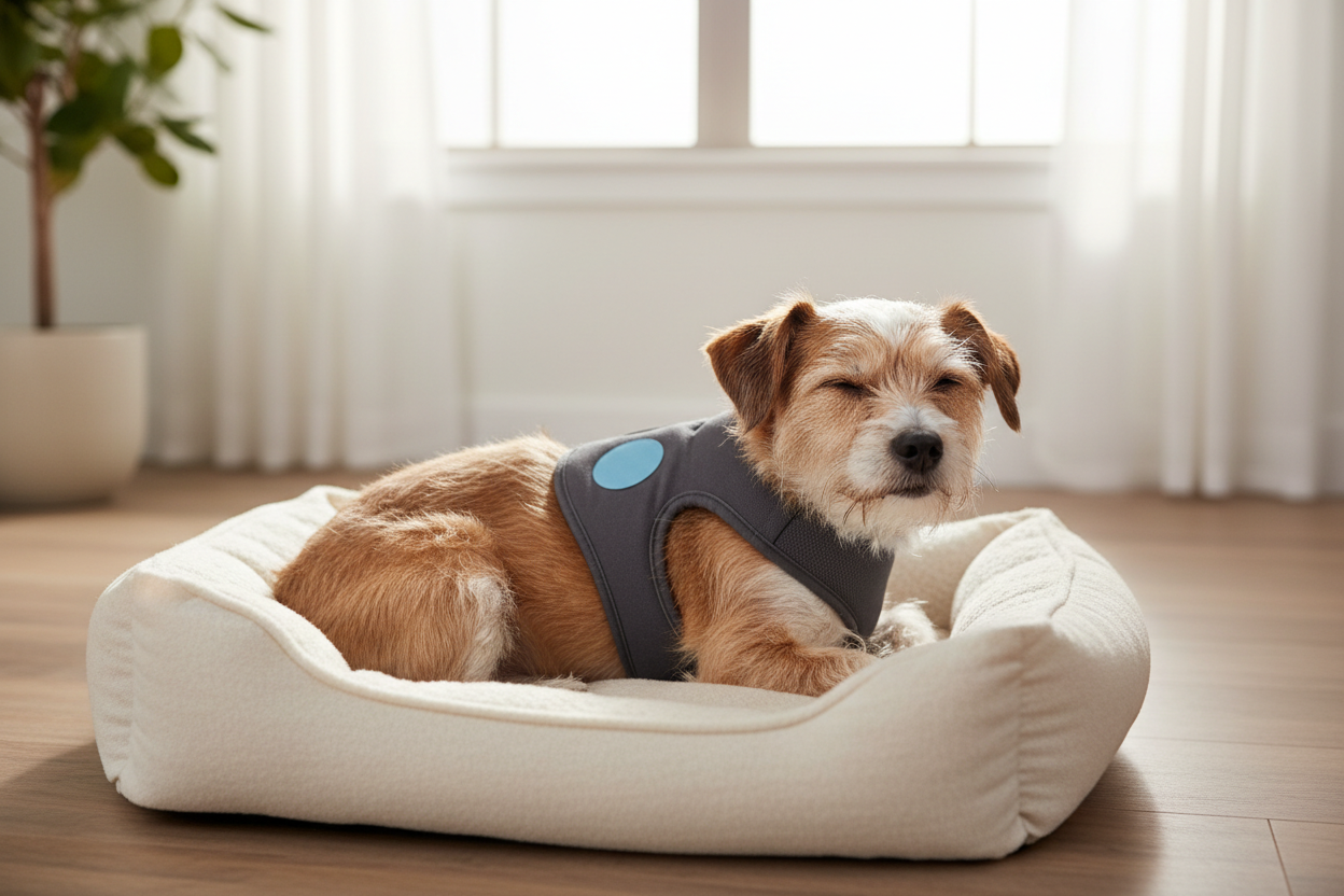 Relaxed dog wearing a wide harness with a pheromone calming patch on top