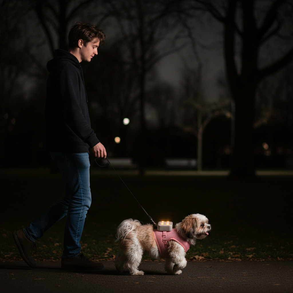Man walking Shih Tzu at night wearing cherry pink cooling harness with LED lights glowing