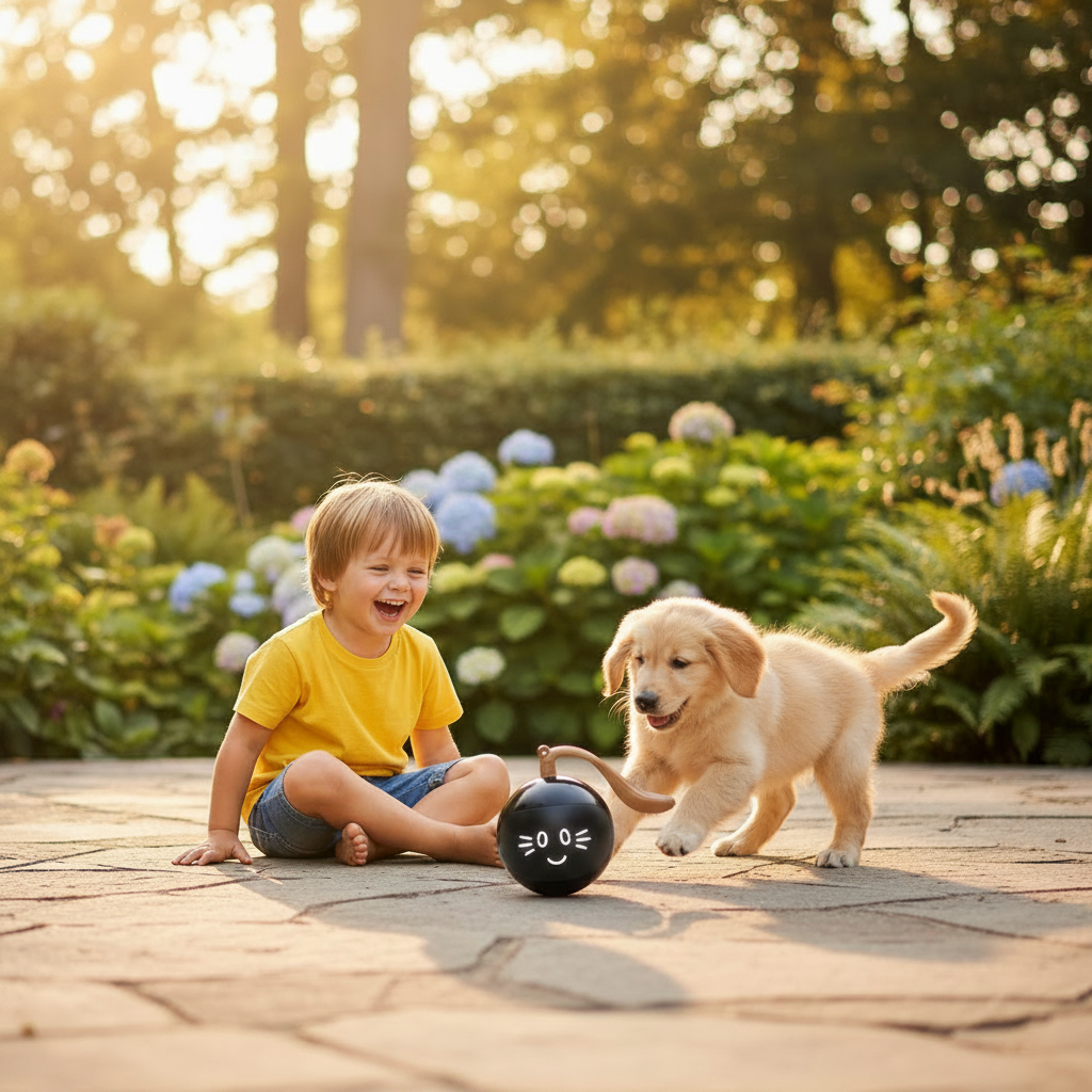 Child laughing on sunny terrace as golden retriever puppy chases black smart LED rotating ball in garden