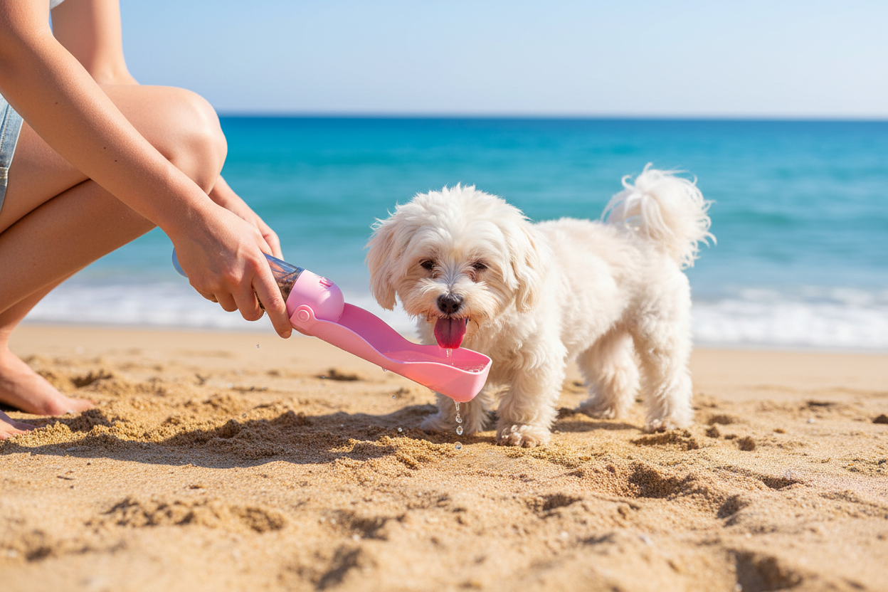 Fluffy Maltese dog drinking from pink portable pet travel bottle on a sunny Mediterranean beach