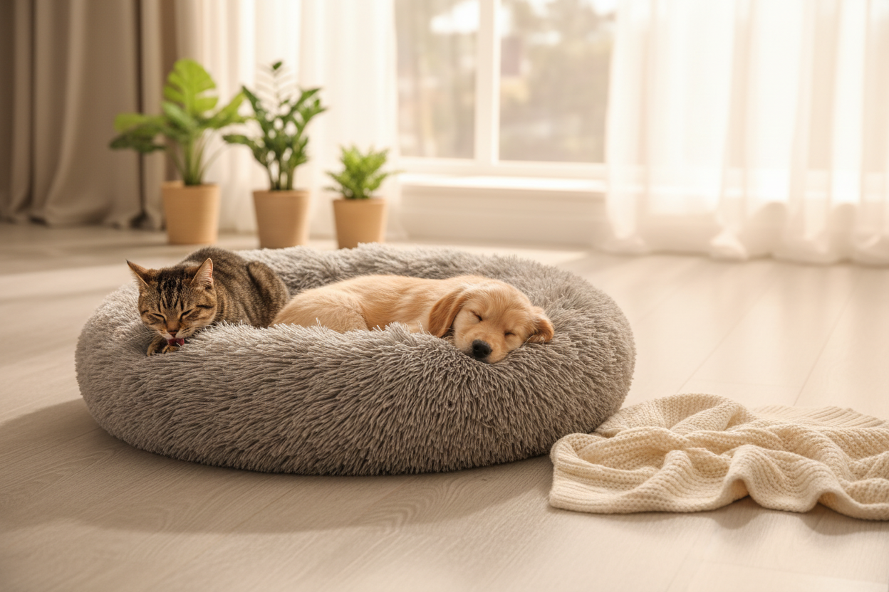 Golden retriever puppy and tabby cat relaxing together in a grey plush donut pet bed in a cozy Scandinavian home