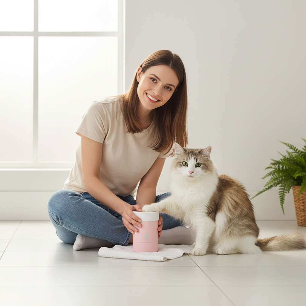 Woman sitting on bathroom floor using pink pet paw cleaner cup to wash fluffy cat's paw