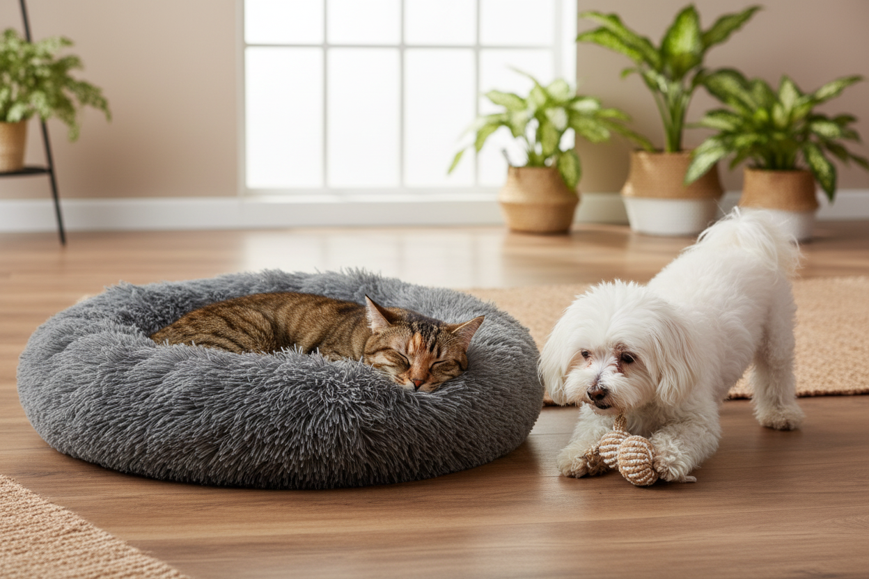 Tabby cat sleeping in grey plush donut pet bed with a happy white Maltese dog playing beside it in a cozy modern home
