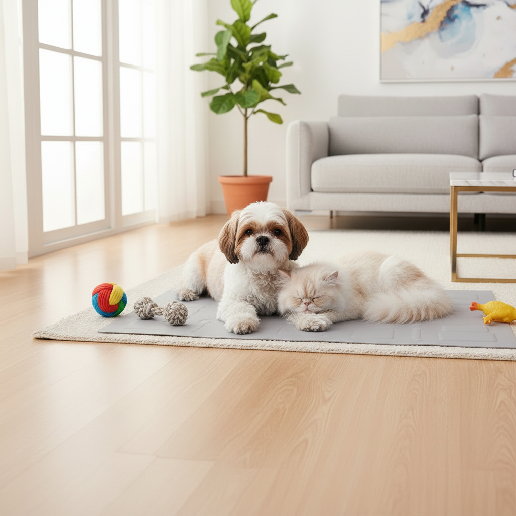Beagle lying peacefully on light gray pet cooling mat in a Scandinavian-style living room