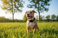 Small pitbull puppy outdoors wearing GPS tracker collar in sunny nature setting