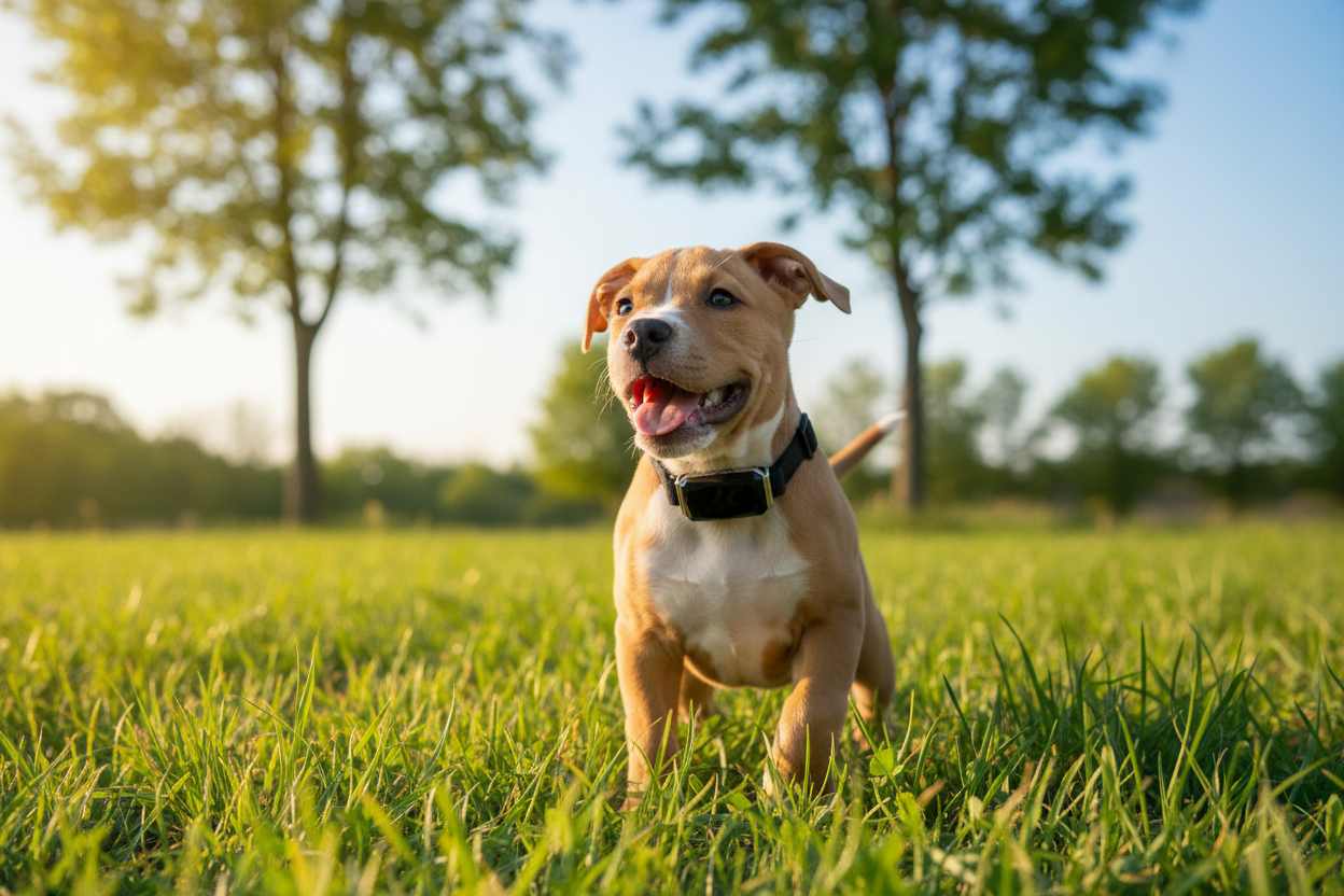 Small pitbull puppy outdoors wearing GPS tracker collar in sunny nature setting