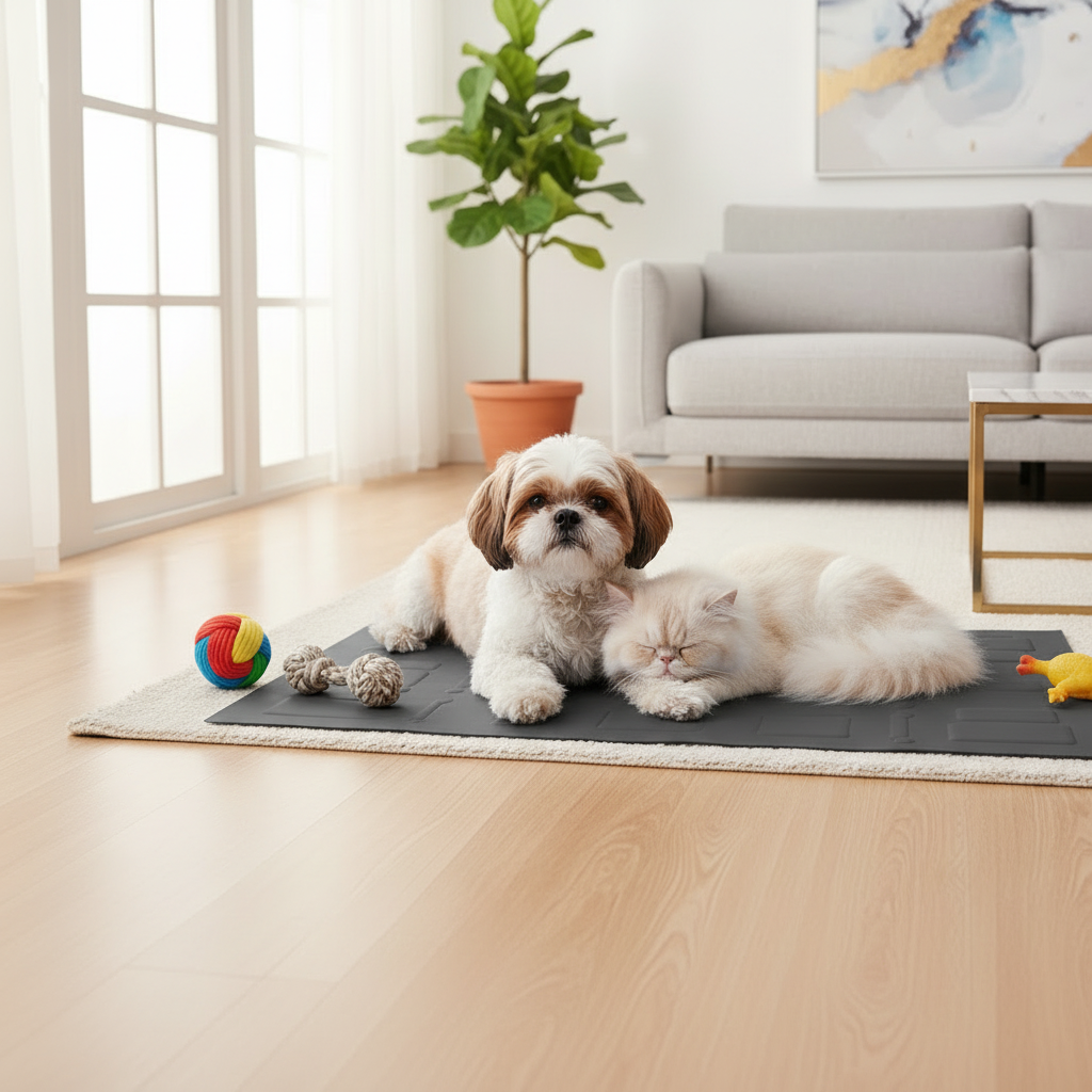 Dalmatian relaxing on dark gray pet cooling mat on tiled floor in a bright modern home