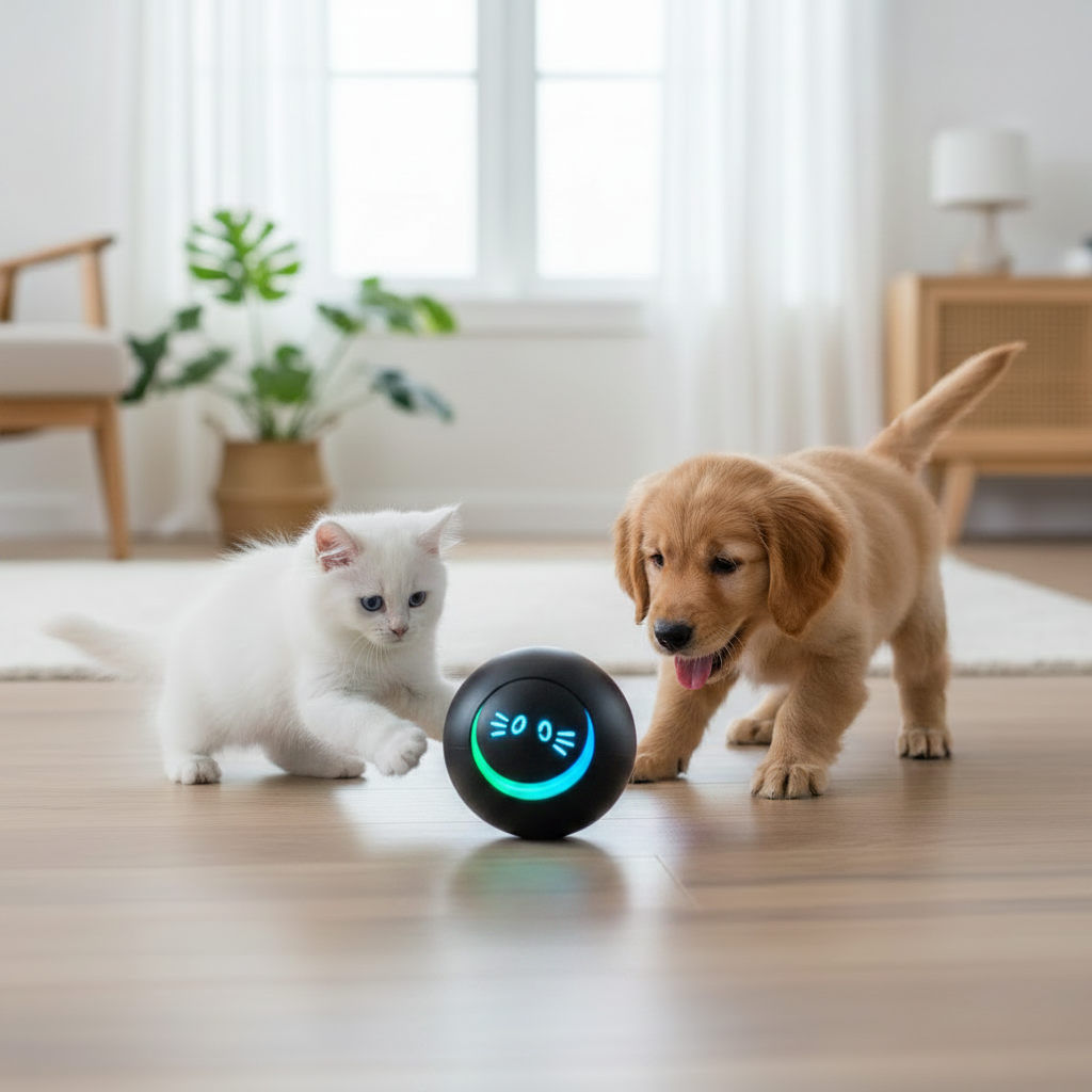 Fluffy kitten and small puppy chasing black LED rotating ball together in bright Scandinavian home interior
