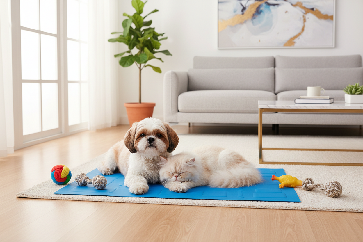 Shih Tzu and cat relaxing together on a premium pet cooling mat in a bright modern living room