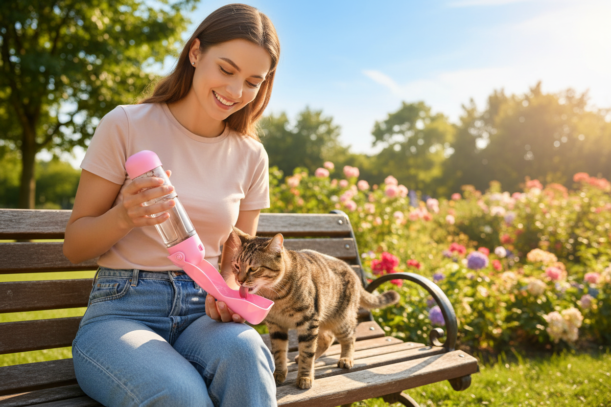 Young woman in sunny park holding pink pet travel water bottle while tabby cat happily drinks from the built-in bowl