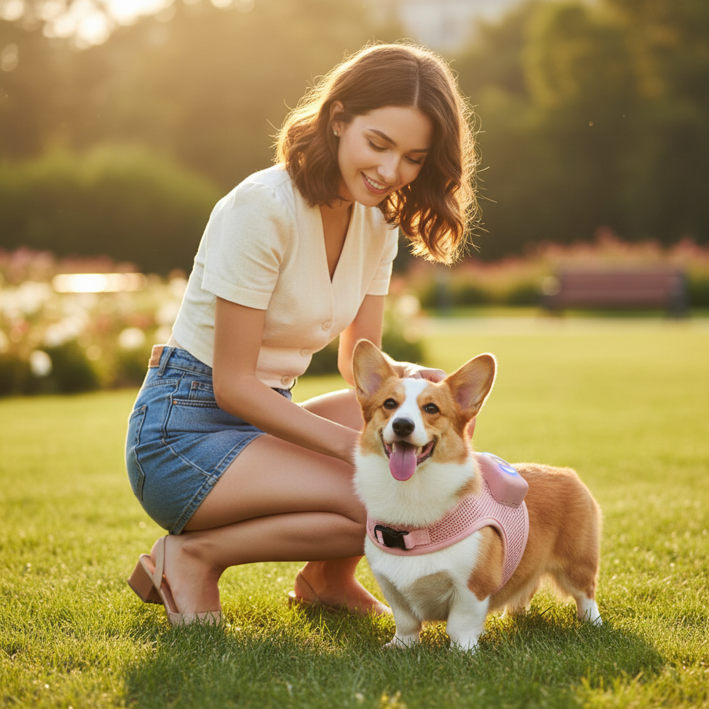 Woman with Corgi wearing cherry pink cooling harness in sunny park