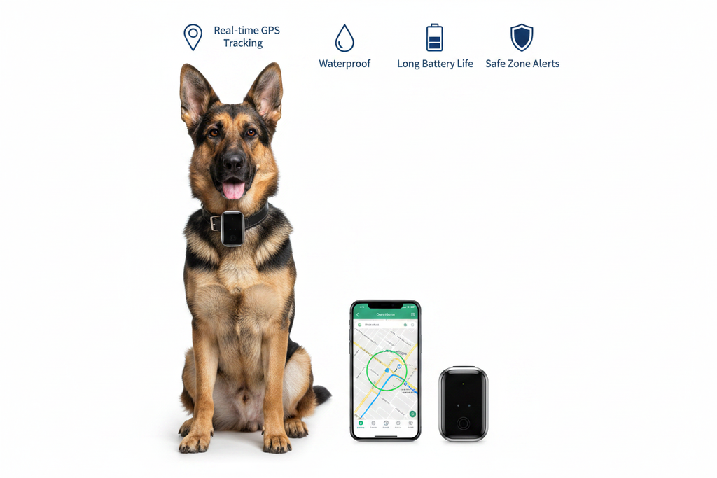 German Shepherd with GPS tracker collar, tracker device and smartphone showing GPS app, with 4 key features highlighted