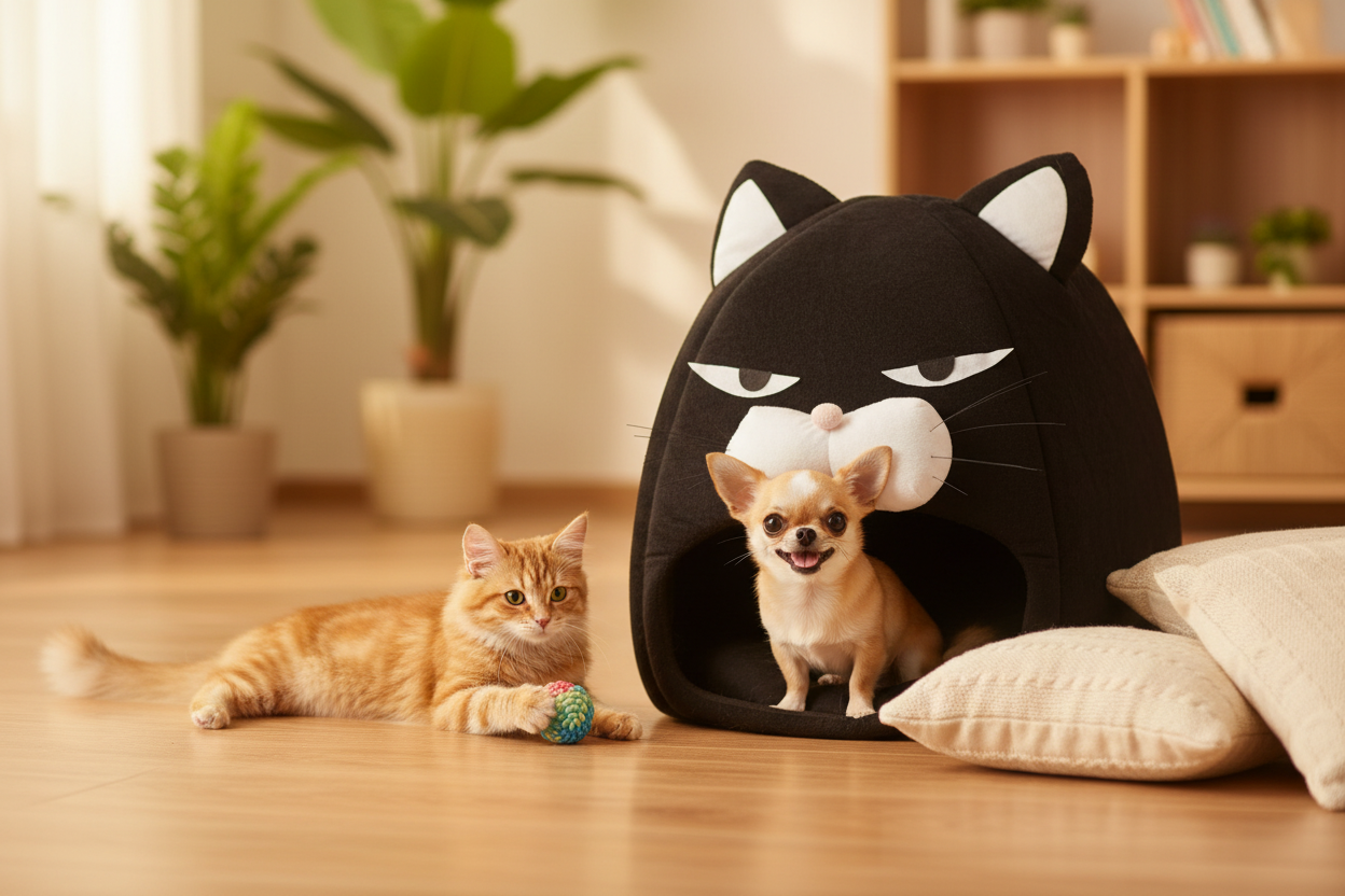 Adorable Chihuahua sitting happily inside black cat house bed while tabby cat plays with toy outside in a cozy modern home