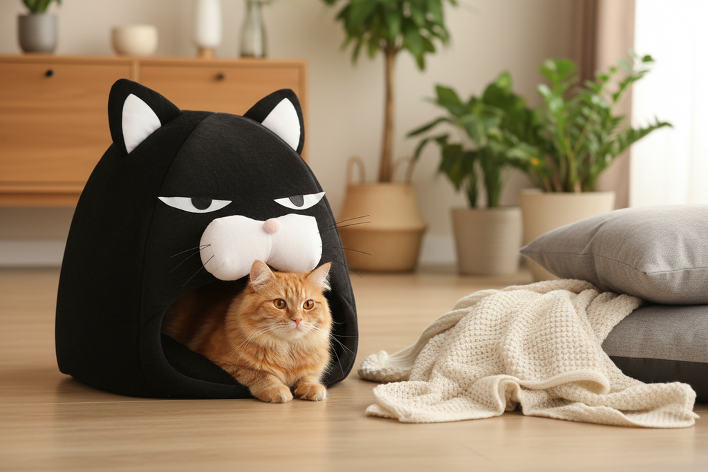 Fluffy ginger cat peeking out from a black enclosed cat house bed nest in a warm cozy modern home interior