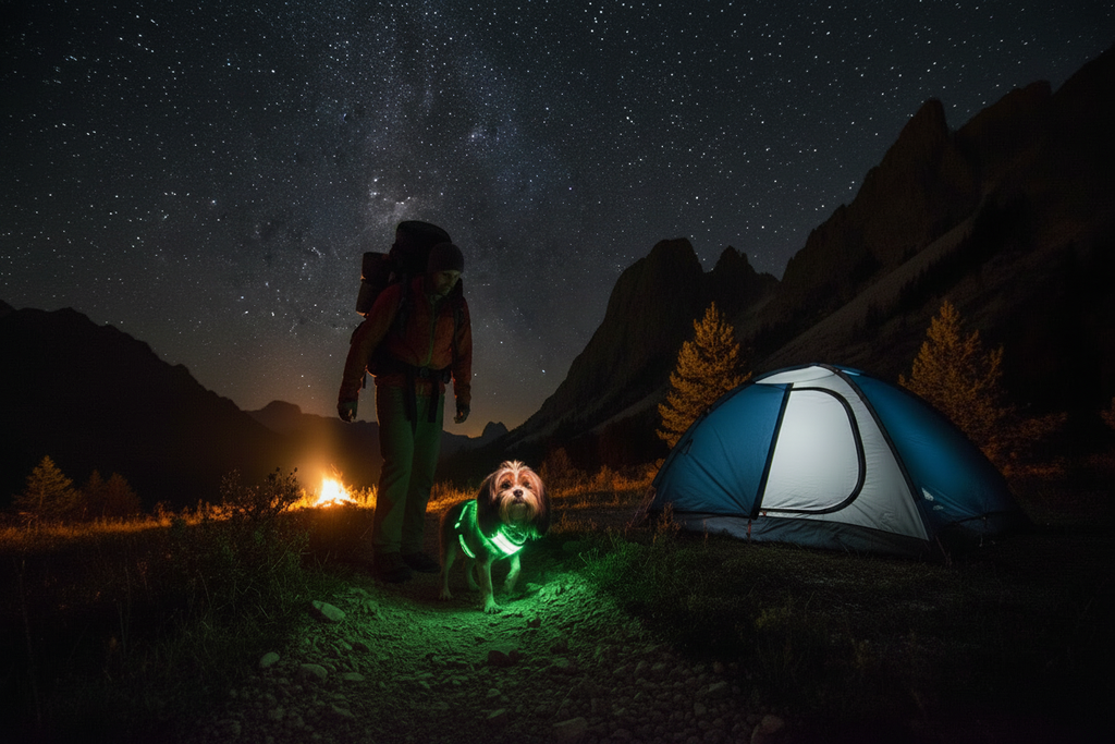 Small fluffy dog wearing glowing green LED mesh harness on a mountain trail at night with camping tent and starry sky in background