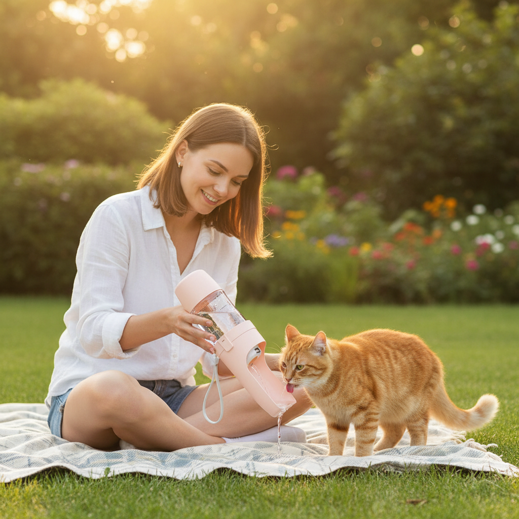 Pink bottle cat garden lifestyle